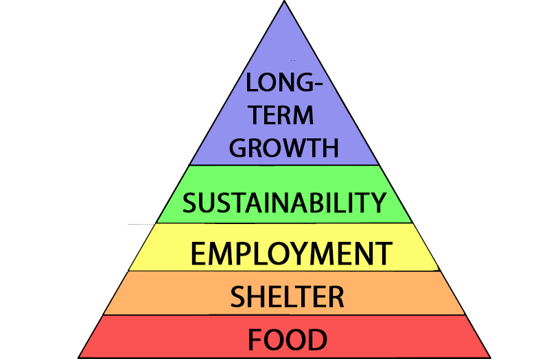 Daydreamer Hierarchy Of Needs. Pyramid showing varying levels. At the bottom, there is food, above there is shetler, then employment, sustainability and long-term growth.